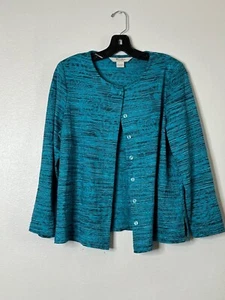 TanJay Petites Womens Button-Up Jacket In Teal Patterned Fabric - Size PM/M - Picture 1 of 5