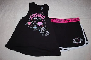 Girls Outfit TANK TOP & SHORTS Black COSMIC HAPPINESS Unicorn Spaceship L 10-12 - Picture 1 of 1