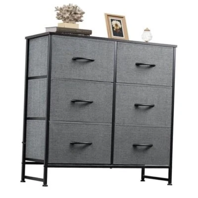  Cómoda de tela para dormitorio, cómoda doble de 6 cajones, torre de almacenamiento A-gris oscuro Foto 1 de 4
