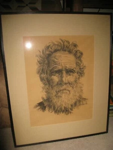 Prachtvolle Portrait Zeichnung alter Mann mit Bart alter Seefahrer signiert La Plante - Bild 1 von 5