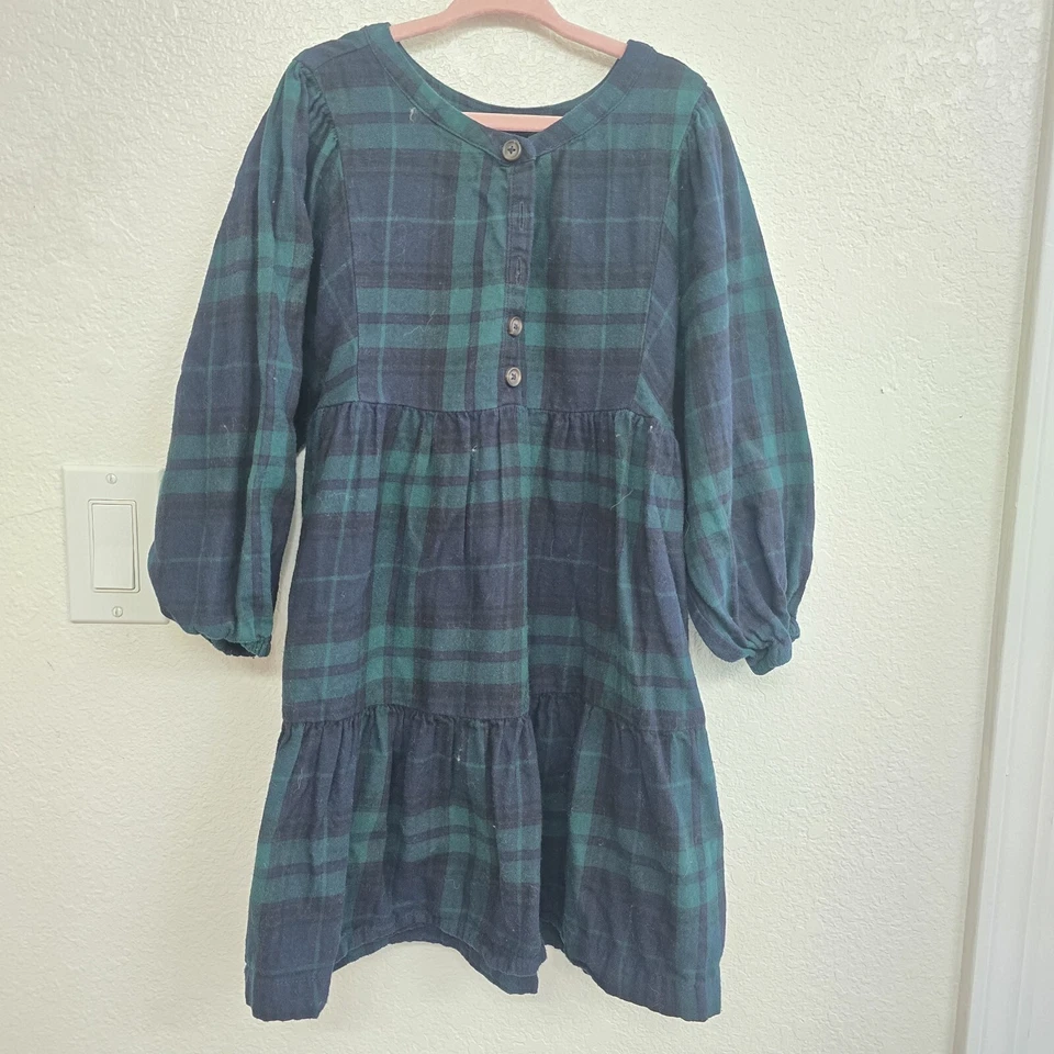 Old Navy Girl's  Long Puff Sleeve Button Plaid Swing Dress Green & Navy Sz S 6-7 - Image 1 of 4