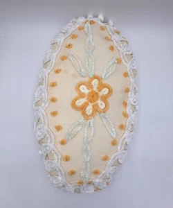Vintage Fringed Chenille White Pillow Yellow Pink Cottage Shabby Chic Floral - Picture 1 of 17