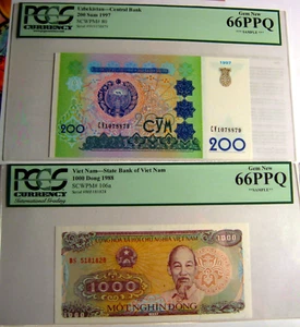 LOT OF 2 BEAUTIFUL~COLORFUL GEM NOTES UZBEKISTAN & VIET NAM PCGS GRADED 66 PPQ * - Picture 1 of 6