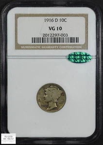 1916 D Mercury Silver Dime 10C NGC VG 10 CAC - Picture 1 of 5