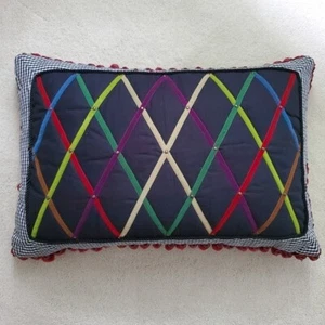 MacKenzie-Childs Criss Cross Lumbar Pillow Courtly Check Pom Pom Trim - Picture 1 of 14