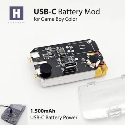 FÜR NINTENDO Hispeedido USB-C 1.500mAh Battery Pack inkl. Akku Deckel für Game Boy Color GBC
