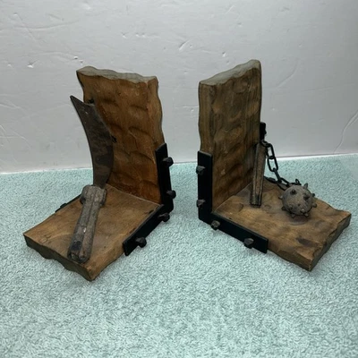 Vintage Medieval Weapons Bookends Handcrafted Spain Wood & Metal Dungeon NICE! - Image 1 of 4