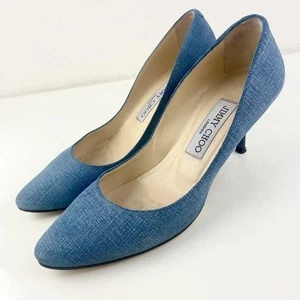 Rare Jimmy Choo Canvas Round-Toe Pin-Heel Pumps 37 (US6.5) Light Blue from Japan - Picture 1 of 24