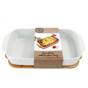 Oven Dish: 40cm x 22cm Large Baker With Bamboo Wood Tray, Porcelain - Picture 1 of 1