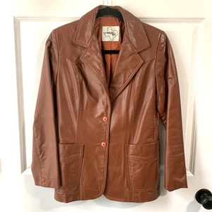 Vtg Western fitted Leather Jacket Womens Small Small Camel Blazer Rockabilly USA - Picture 1 of 19