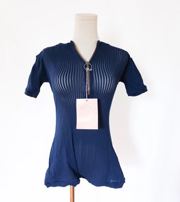 1970s 70s NOS Deadstock Ribbed Navy Blue Short Sleeve Body Suit w Zippered Bust - Image 1 of 4