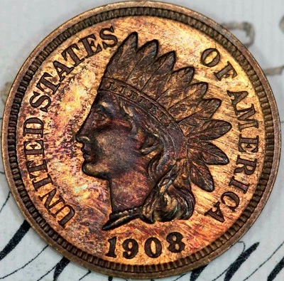 PRÍSTINO + RB GEMA A PRUEBA DE CENTAVO CABEZA INDIA DC110 1908 ¡RARO SOLO 1620 ACUÑADO! Foto 1 de 4