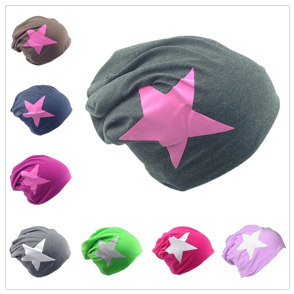 Beanie Mütze Unifarbe mit Weiß/Pink Stern Herren Damen Mützen Jersey Slouch