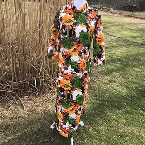 Vestido Vintage Hecho a Mano Floral Naranja Verde Marrón Maxi con aberturas laterales Talla Pequeña - Imagen 1 de 8