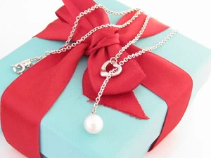 Auth Tiffany & Co Silver Elsa Peretti Open Heart Pearl Chain Lariat 19" Necklace - Picture 1 of 6