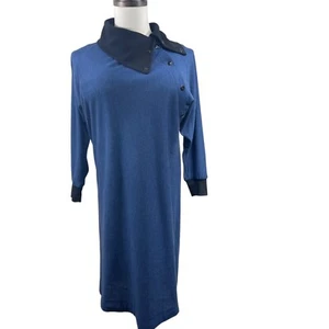 VTG Leslie Fay Blue Black Checkered Knit Dress 12 Asymmetrical Collar Cottage - Picture 1 of 10