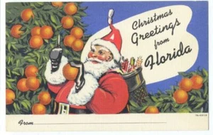 SANTA PICKING NARANJAS Saludos de Navidad de FLORIDA - Gran LINO 1937 - Raro - Imagen 1 de 2