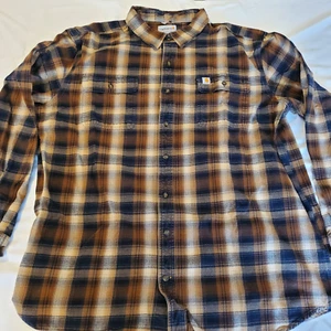 Carhartt HEAVY Flannel Plaid Long Sleeve Button Up Shirt 2XL XXL Brown Blue - Bild 1 von 7