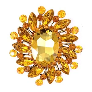 Flower Rhinestone Statement Brooch Pin Broach Antique Gold Tone Yellow - Picture 1 of 3