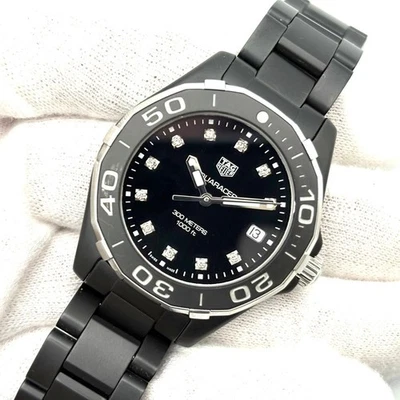 Tag Heuer Aquaracer Way1397 Diamantes Cerámica Damas Negro Reloj Muñeca 13cm Foto 1 de 4