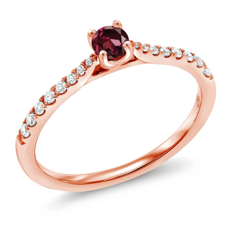 10K Rose Gold 0.30 Ct Round Red Rhodolite Garnet E-F Lab Grown Diamond Ring - Image 1 of 4