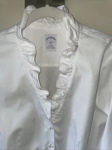 EUC!  Brooks  Brothers ~12 White  Ruffled Neck Non-Iron Shirt Blouse LS Capsule - Picture 1 of 6