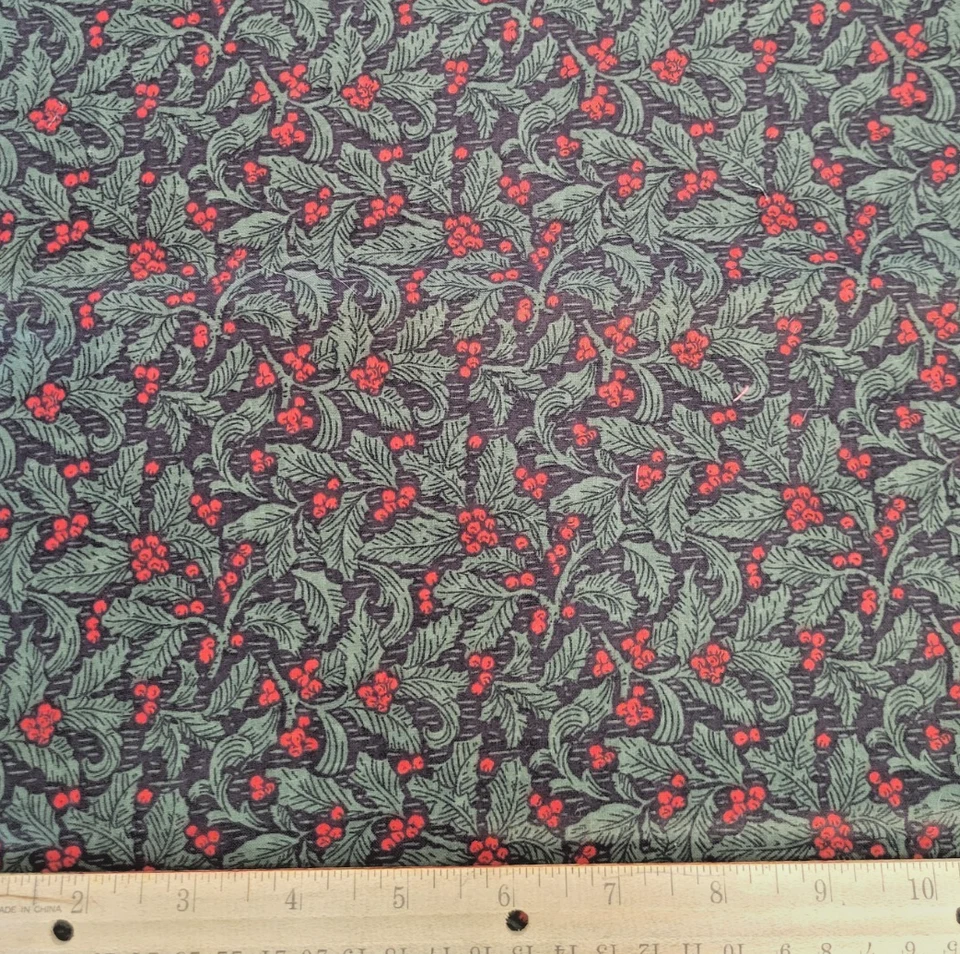 Dark Green and Red Holly Cotton Fabric Vintage - Image 1 of 2