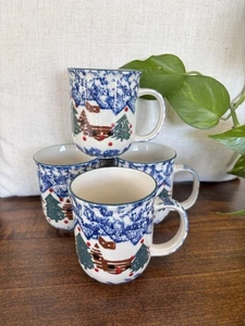 Set of 4 Folkcraft Rustic Log Cabin in the Snow Christmas Coffee Cups Mugs - Picture 1 of 8