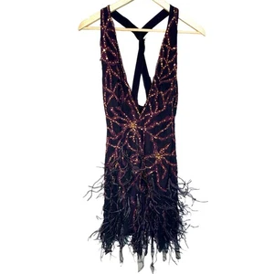NWT Mandalay Black Purple Silk Beaded Sequin Feather Mini Evening Dress Size 2 - Afbeelding 1 van 16