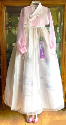 S-M Modern Korean Hanbok Set-Pink Blouse Style Top, Ivory Skirt, Gallae Skirt - Image 1 of 4