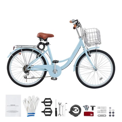 24''Beach Cruiser Bike 7-Speed City Bicycle w/Basket for Women Ladies Light Blue - Image 1 of 4