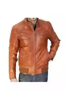 Leather Jacket Men's Motorcycle Brown Slim Fit Biker Genuine Lambskin Jacket - Picture 1 of 3
