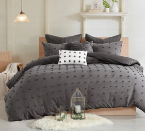 DARK GRAY COTTON DOTS COMFORTER SET : COZY COTTAGE CHIC TUFTED JACQUARD - Picture 1 of 8