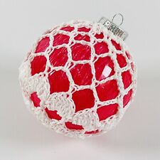 Retro Large Ball Christmas Ornament Crocheted Lace Plastic Crackle Red