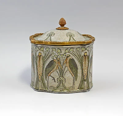 9937957 Deckeldose Messing Porzellan Pelikan Jugendstil - Bild 1 von 2