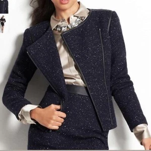 NWT Ann Taylor blue tweed wool blend faux leather trim women's Zip Moto Jacket - Picture 1 of 9
