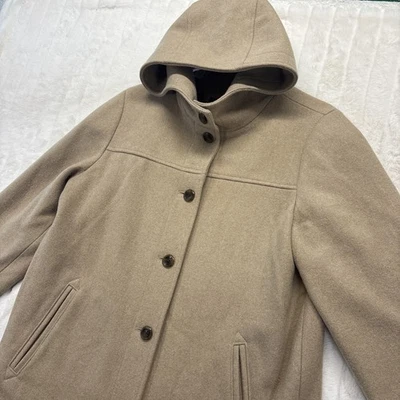 Abrigo con capucha Eddie Bauer para mujer mezcla de lana simulado talla M beige longitud media abotonada Foto 1 de 4
