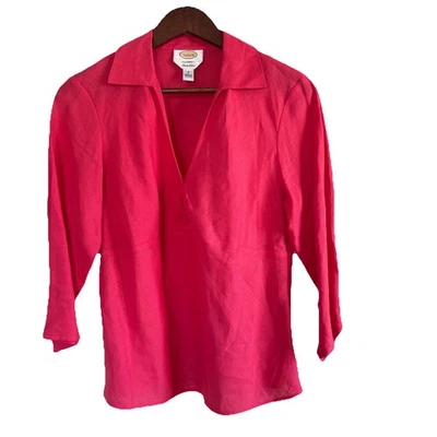 Talbots Irish Linen 3/4 Sleeve V-neck Side Zip Dark Pink Top Size 8 - Image 1 of 4