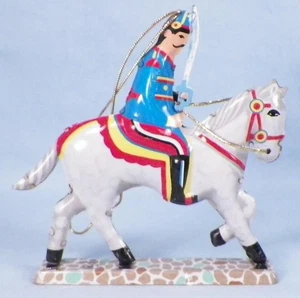 3 Soldiers on Horseback Christmas Ornaments Tin Calvary Blue Uniforms Germany 90 - Picture 1 of 7
