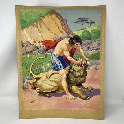 惠特曼框架托盘拼图原创绘画艺术 Lajos Segner 圣经参孙和狮子 — 第 1/4 张图片