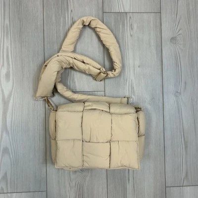 NEW Quilted Puffer Crossbody Purse Bag Lightweight Beige Magnetic Flap Closure - Image 1 of 4