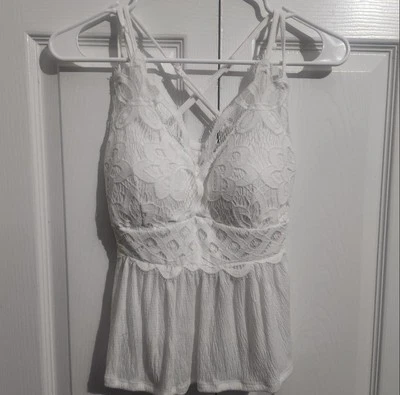 White coquette babydoll cami top lace with crisscross back look - Image 1 of 3