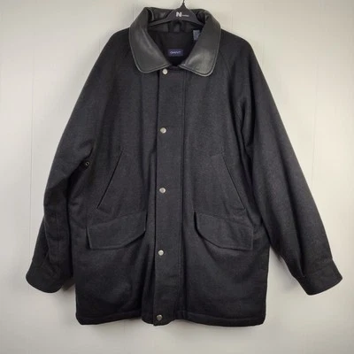 Black Wool Park Avenue Coat Leather Collar Jacket Peacoat GANT USA Lined XL - Image 1 of 4