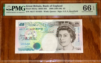 BILLETE GRAN BRETAÑA 5 CINCO LIBRAS 1990 P382Ah Inglaterra QEII PMG 66 EPQ Reino Unido Foto 1 de 4