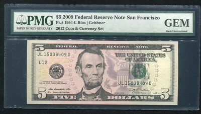 FR. 1994-L 2009 $5 FRN FEDERAL RESERVE NOTE “2012 COIN & CURRENCY SET” PMG GEM  - Image 1 of 2