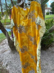 Women's Yellow Recycle Silk Maxi Kaftan SUMMER Hi Drawstring Maternity Dress 2XL