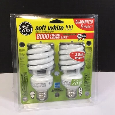 GE Spiral Soft White 100 Long Life Energy Saver Uses only 26 Watts Twin Pack NEW - Image 1 of 2