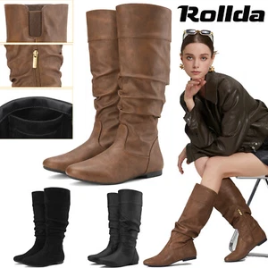 Rollda Women Slouch Knee High Boots Card Pocket Round Toe Flat Heel Casual Boots - Picture 1 of 50