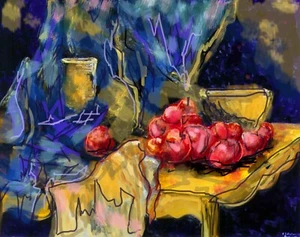 Apples And Blue Drape - Numbered, Limited Edition Print - By F. DeTrolio - Picture 1 of 7