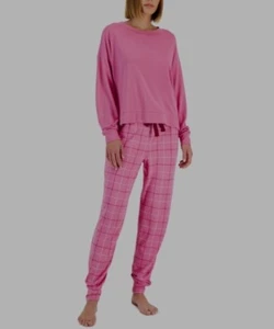 Jenni Women's Long Sleeve Mix It Pajama Set Large Pink Tease Plaid - Picture 1 of 1